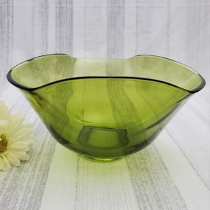 Vintage Chip Serving Bowl by Anchor Hocking Folded Rim Green Glass Large